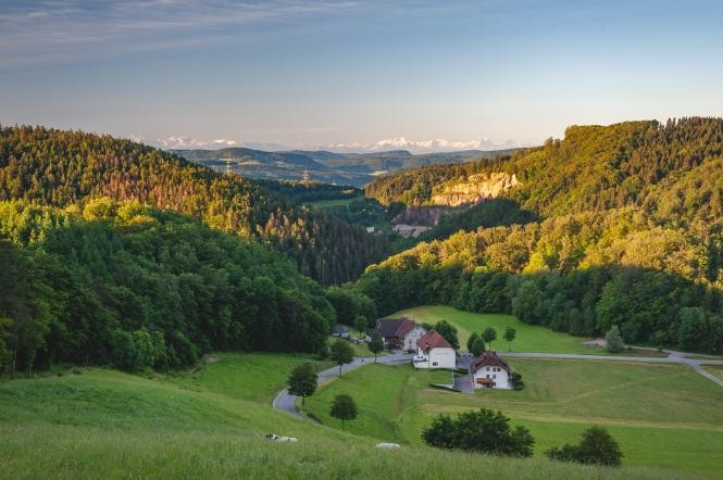 Blick ins grün bewaldetet Tal mit dem Gasthaus Löwen im Vordergrund