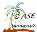 Logo OASE-Mittagstisch mit einer Palm auf einer Insel und der Sonne  im Hintergrund.